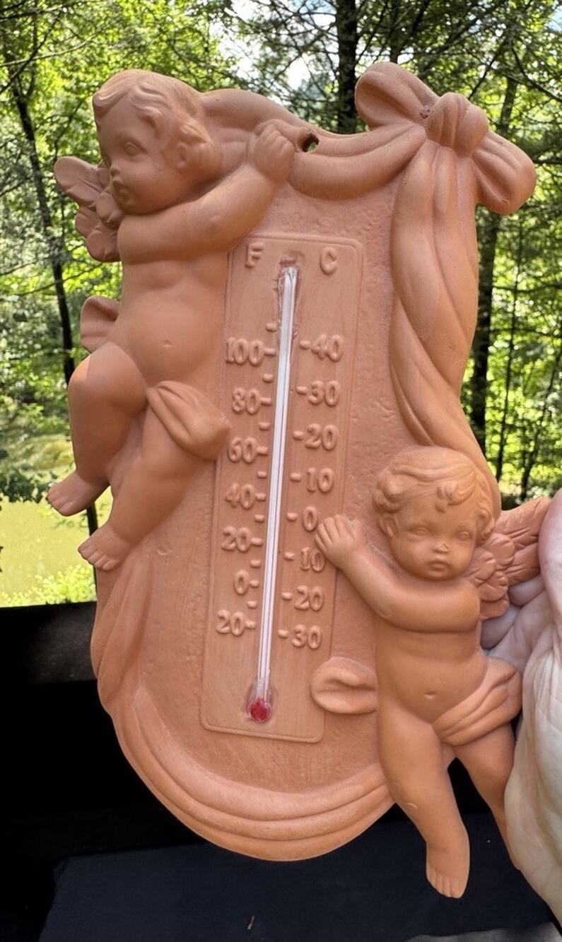 New Vtg Pottery Red Wear Scioto Mold Angel Cherub Outdoor Thermometer Garden